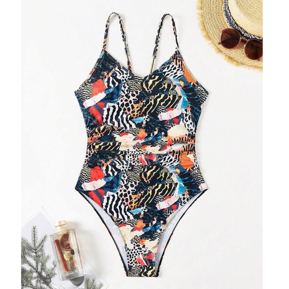 Leopard Print Halter Neck Out out One Piece Swimsuit Monokini - Picture 3 of 4